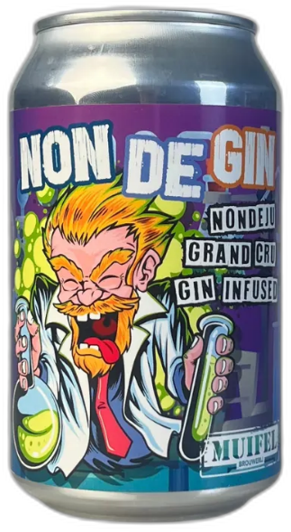 Blikje Muifel Non De Gin met kleurrijke cartoonachtige illustratie.