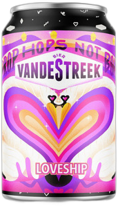 vandeStreek Loveship bierblik met kleurrijke, hartvormige illustratie.