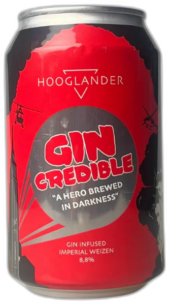 Blikje Hooglander Gin Credible van 33cl met opvallende rode en zwarte grafische elementen.