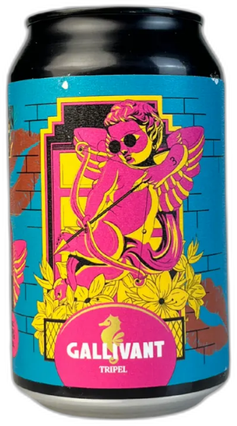 Blikje Gallivant Wingman Tripel met kleurrijk ontwerp en engelachtige figuur