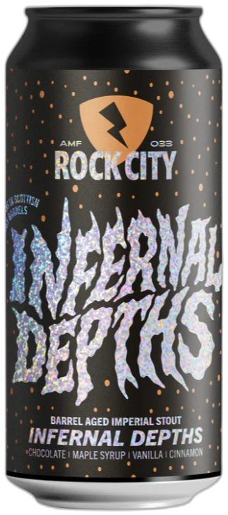 Blik van Rock City Infernal Depths Barrel Aged Imperial Stout van 44cl, zwart met kleurrijke tekst.