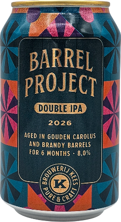 Blik Kees Barrel Project 2026 Double IPA met kleurrijke geometrische patronen.