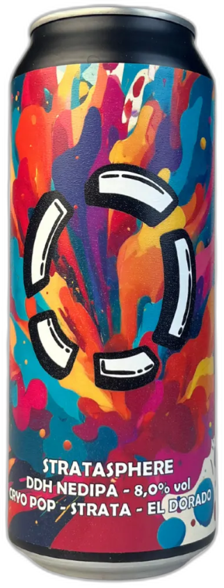 Blik van LOST Stratasphere bier met kleurrijk kunstwerk en witte tekst.