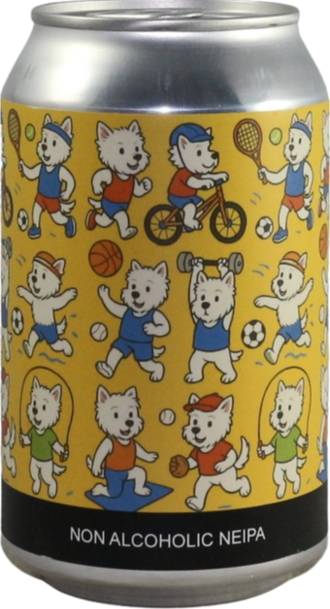 Blikje met illustraties van witte honden die sporten op gele achtergrond.