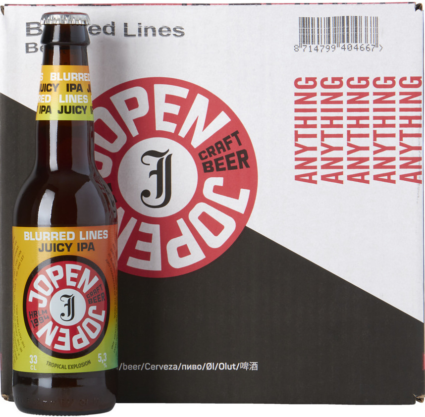Fles Jopen Blurred Lines Juicy IPA tegen een doos met Jopen logo.