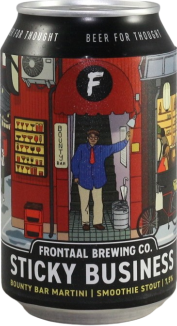 Blikje van Frontaal Brewing Co met kleurrijke illustratie van een persoon bij een bar.