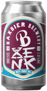 Een zilverkleurig bierblikje met paarse en turquoise etiket van Baxbier genaamd Henk.