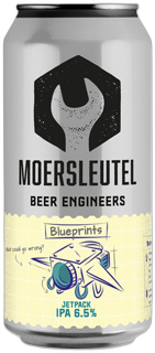 Blik Moersleutel Jetpack IPA met moersleutel logo en blauwdruk tekening.